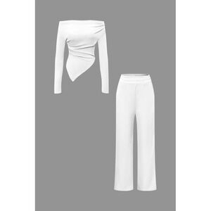 Micas Off Shoulder Ruched Asymmetric Top And Straight‎ Leg Pants Set Size Small